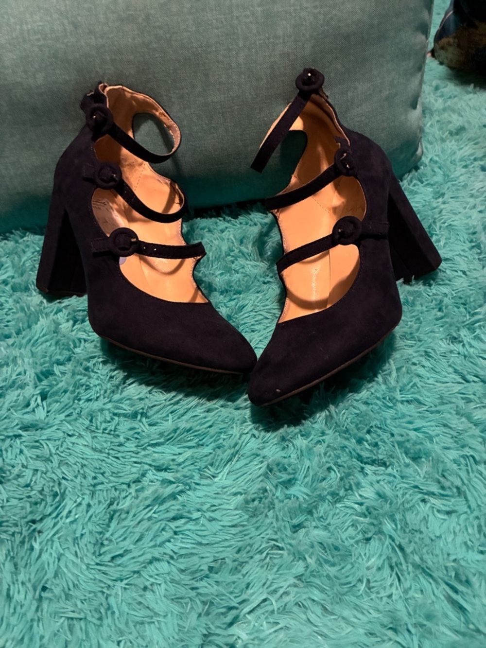 Marc Fisher Blue Triple-Strap Round-Toe Heels
